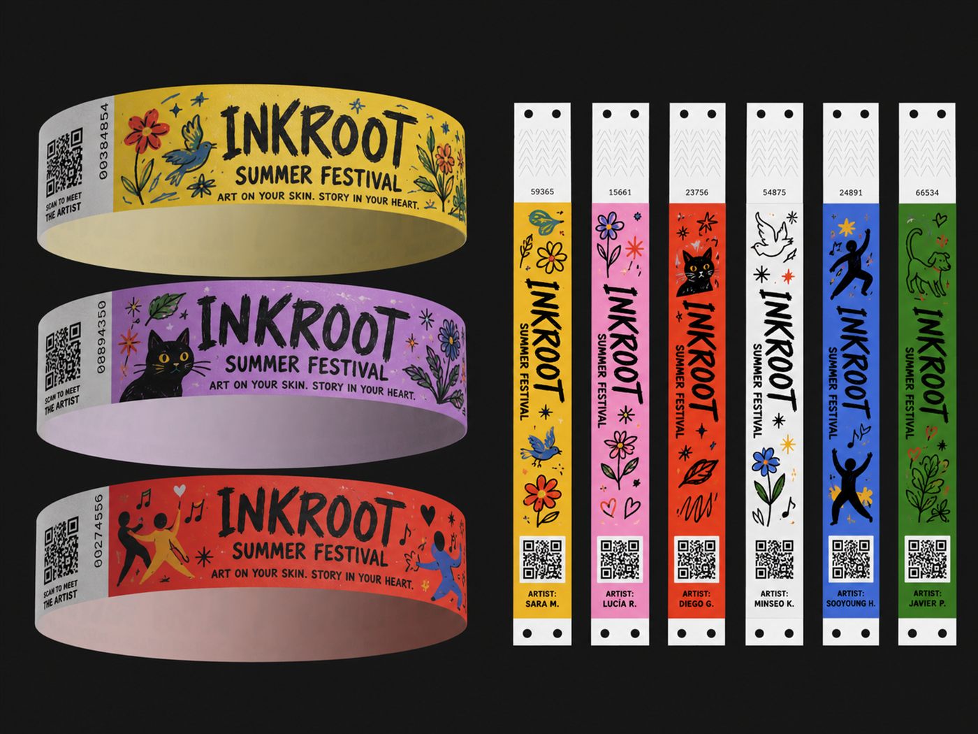 Pulsera de festival INKROOT con obra de artista y código QR